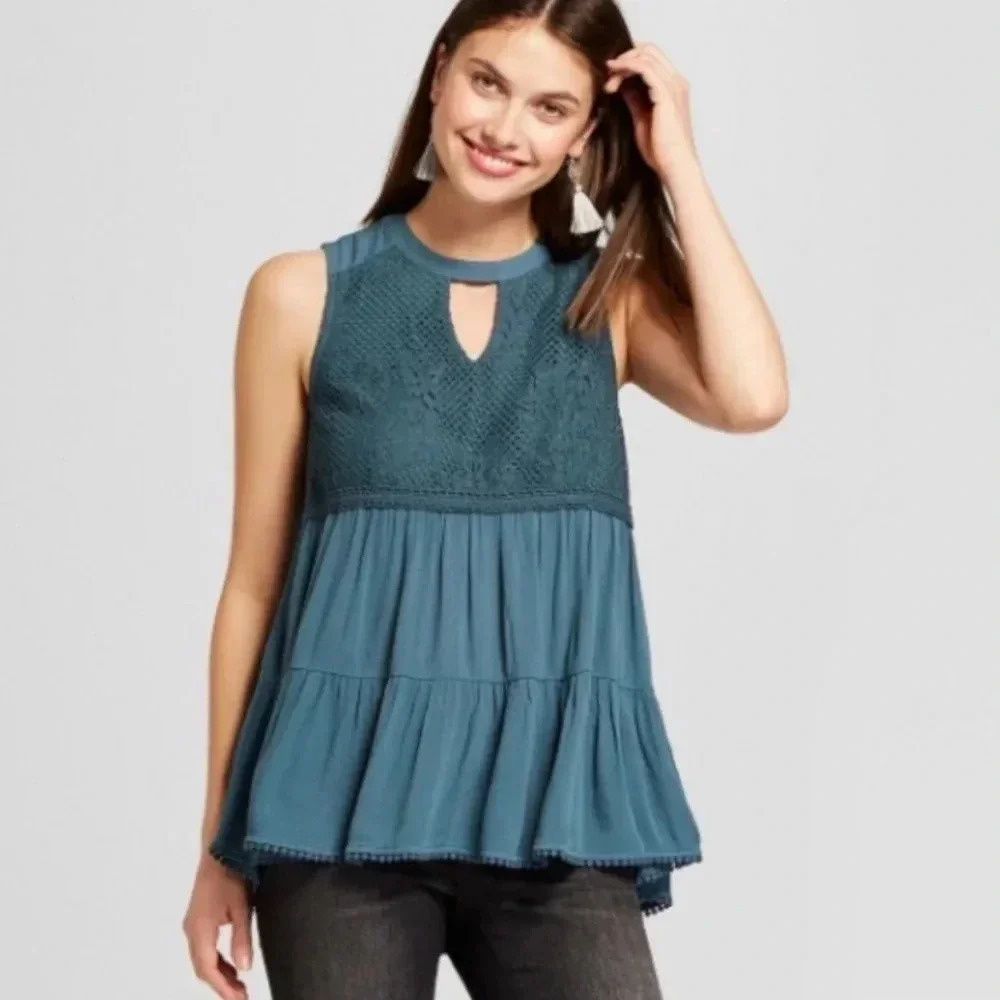 KNOX ROSE Green Crochet Boho Peplum Teal Sleeveless Babydoll Top Size M Fairy